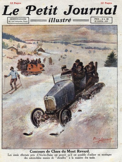 Innovazione sulle auto in montagna, vengono posizionate delle tracce sulle ruote per evitare derapate. Illustrazione tratta da "Le petit journal" del 27/02/1921. Collezione privata da Anonymous Anonymous