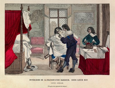 Interno di una casa di barbiere a Parigi sotto il regno di re Luigi XIII nel XVII secolo da Anonymous Anonymous