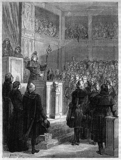 Jean Baptiste Gobel (1727-1794), arcivescovo di Parigi, con un berretto rosso e la mitra in mano, rinunciò ai suoi doveri e al sacerdozio il 7 novembre 1793. Incisione del 1866 in 