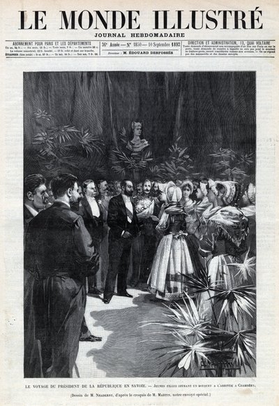 Viaggio di Sadi Carnot (1837-1894) in Savoia: il Presidente della Repubblica è accolto a Chambery da giovani ragazze che gli offrono un mazzo di fiori. Incisione in "Le monde illustree" del 1892. Collezione privata da Anonymous Anonymous