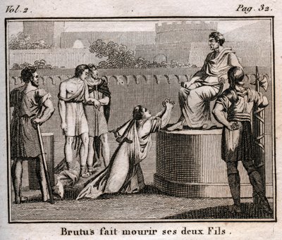 LUCIUS JUNIUS BRUTUS condanna i suoi stessi figli a morte per aver complottato per restaurare i Tarquini, i re espulsi di Roma, 509 a.C. - Incisione da "Il Giovane Rollin o Pezzi Scelti di Storie Antiche e Romane" 1816 - Collezione privata da Anonymous Anonymous