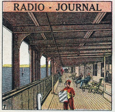 La T.S.F.: radio - giornale. Venditore di giornali su un transatlantico. Illustrazione anonima del 1925. Collezione privata. da Anonymous Anonymous