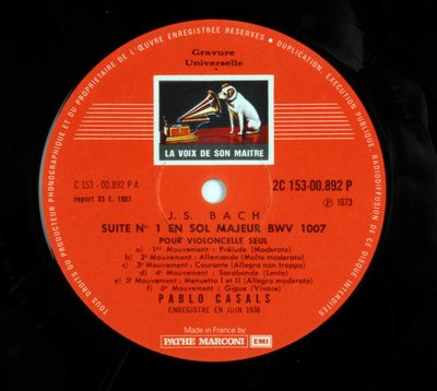 Etichetta del disco 33 giri (disco in vinile) del marchio "EMI la voce del suo padrone" di Pablo Casals che interpreta le 6 suite per violoncello di Johann Sebastian Bach da Anonymous Anonymous