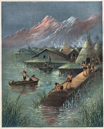 Villaggio lacustre, Città preistorica sul lago (Villaggio costruito su palafitte). Incisione del 1892 da Anonymous Anonymous