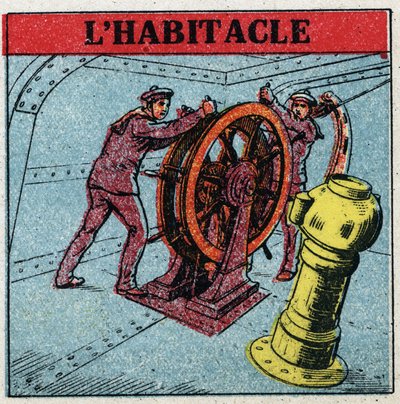 Magnetismo terrestre: due marinai manovrano il timone di una nave guardando la cabina di pilotaggio, una scatola di rame in cui si trova una bussola. Illustrazione anonima del 1925. Collezione privata. da Anonymous Anonymous