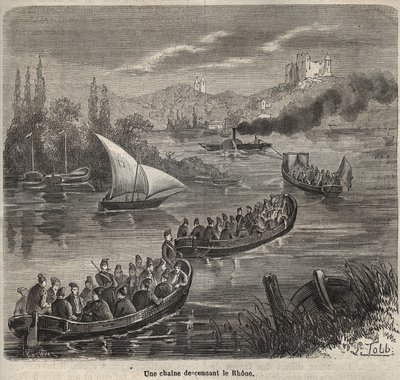 Il bagno di Tolone - una catena che scende il Rodano - Incisione in “Histoire des bagnes depuis leur création à nos jours” (1877) di Pierre Zaccone (1817-1895) (Colonia Penale) da Anonymous Anonymous