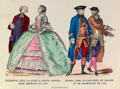 Sinistra: Elegante con abito a grande cesta, abate mondano nel 1760 / Destra: Giovani uomini in abito da caccia e passeggio nel 1760 (regno del re Luigi XV) - collezione privata da Anonymous Anonymous