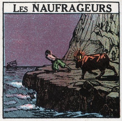 Segnali luminosi: i naufragi. Un uomo appende una lanterna tra le corna di una mucca e cammina lungo la costa per far credere alle barche di essere ancora lontane dalle rocce e provocare così il loro affondamento per recuperare il relitto. Illustrazione an da Anonymous Anonymous