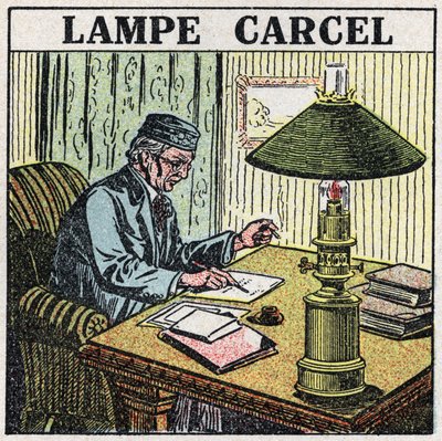 Fonti di luce: lampada Carcel, inventata da Guillaume Carcel (1750-1812) e utilizzante olio vegetale. Illustrazione anonima del 1925. Collezione privata. da Anonymous Anonymous