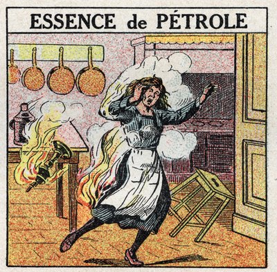 Fonti di luce: una donna prende fuoco mentre manipola una lampada a petrolio. Illustrazione anonima del 1925. Collezione privata. da Anonymous Anonymous
