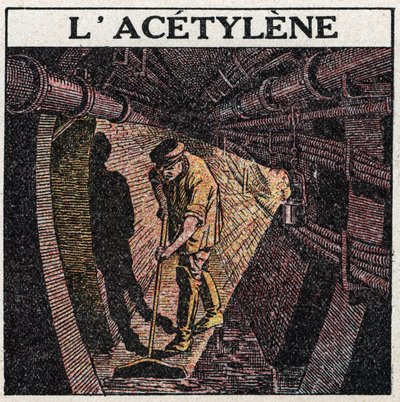 Fonti di luce: illuminazione con acetilene usata nei tamburi. Illustrazione anonima del 1925. Collezione privata da Anonymous Anonymous