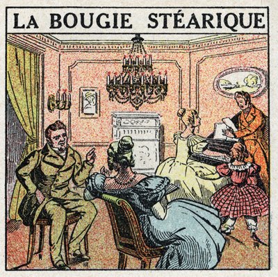 Fonti di luce: la candela stearica usata sui lampadari nel XIX secolo. Illustrazione anonima del 1925. Collezione privata. da Anonymous Anonymous