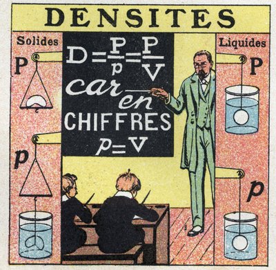 Equilibrio dei liquidi: un insegnante insegna la densità dei solidi e dei liquidi agli studenti in una classe. Illustrazione anonima del 1925. Collezione privata. da Anonymous Anonymous