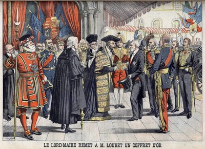 Londra, Gran Bretagna. Sir Marcus Samuel presenta al Presidente Emile Loubet una scatola d