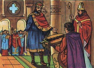 Luigi I il Pio (778-840) restituito in possesso della sua spada confiscata dal clero. Illustrazione anonima in “Collection des souverains et chefs d