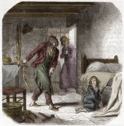 Luigi XVII (1785-1795) al Tempio, con il suo carceriere il calzolaio Antoine Simon - Incisione in "Histoire des Girondins" di Alphonse de Lamartine (1790-1869) 1865-1866 - Collezione privata da Anonymous Anonymous