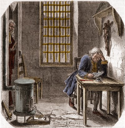 Luigi XVI (1754-93) legge il suo testamento nel Tempio 1792 - Luigi XVI legge il suo testamento nella torre del Tempio il 25 dicembre 1792 - Incisione in "Histoire des Girondins" di Alphonse de Lamartine (1790-1869) 1865-1866 - Collezione privata da Anonymous Anonymous