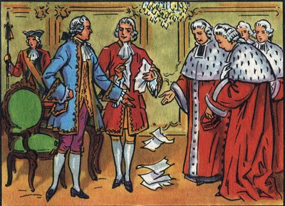 Luigi XV (1710-1774), Re di Francia, abbatte le sentenze del parlamento. Illustrazione anonima in 