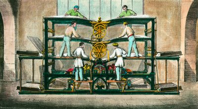 Macchina per stampare il piccolo giornale inventata da Hippolyte-Auguste Marinoni (1823-1904). Inventò una pressa rotativa nel 1866. Incisione del 1868. Collezione privata da Anonymous Anonymous