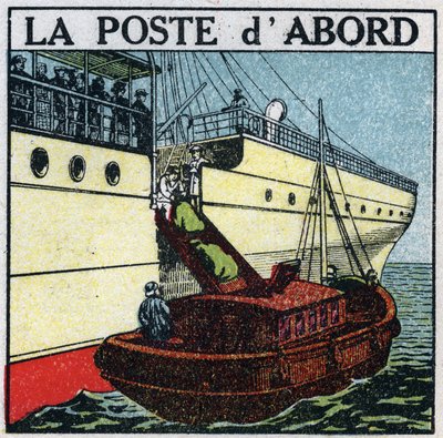 Posta: nave che consegna la posta a bordo di un transatlantico. Illustrazione anonima del 1925. Collezione privata. da Anonymous Anonymous