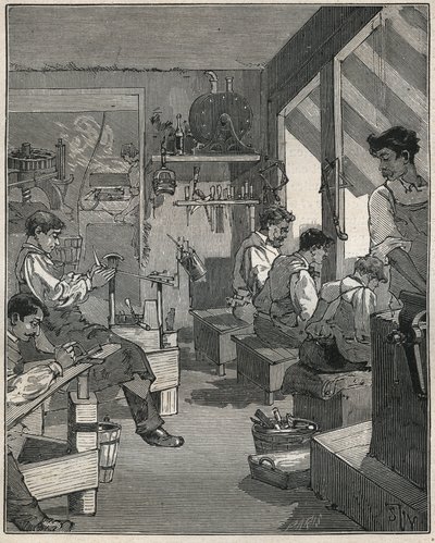 Fabbricazione di pettini in un laboratorio in Francia nel XIX secolo. Incisione del 1885 in "Les arts et métiers illustrés" di Adolphe Bitard da Anonymous Anonymous