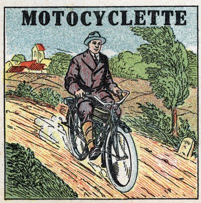 Trazione meccanica: motocicletta. Illustrazione anonima del 1925. Collezione privata. da Anonymous Anonymous