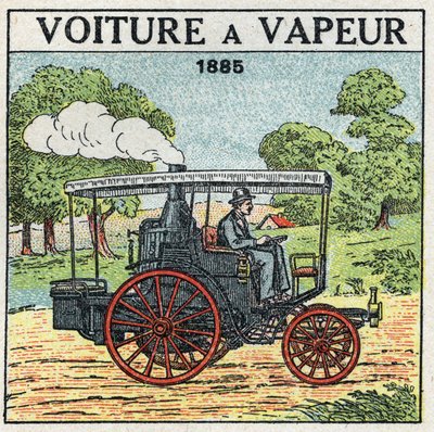 Trazione meccanica: auto a vapore del Marchese Albert de Dion (1856-1946) nel 1885. Illustrazione anonima del 1925. Collezione privata. da Anonymous Anonymous