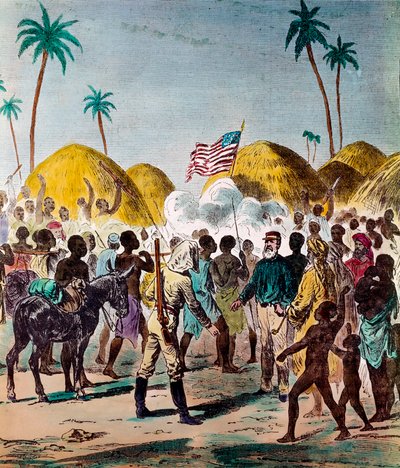 Incontro del giornalista Henry Morton Stanley (1841-1904) e David Livingstone (1813-1873), medico ed esploratore britannico, il 10/11/1871 in Tanzania. Incisione del XIX secolo Collezione privata da Anonymous Anonymous