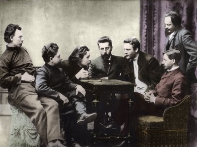 Membri del circolo letterario Sreda, formato nella seconda metà degli anni 1890 da scrittori realisti russi - Ritratti di intellettuali russi del gruppo letterario Znanie: da sinistra a destra, Andrei Skitalets (Stephan Gabrilovich Petrov), Leonid Nikolaev da Anonymous Anonymous