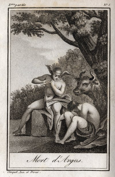 Mercurio e Argo. Morte di Argo: Mercurio suona il flauto per addormentare Argo e liberare la ninfa Io, trasformata in mucca. Incisione del 1819 in "Lettres a Emilie sur la mythologie" di Charles Albert Demoustier (1760-1801) da Anonymous Anonymous