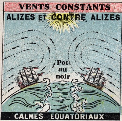 Meteorologia: venti costanti. Alisei, contro alisei, zone di calma equatoriale. Illustrazione anonima del 1925. Collezione privata. da Anonymous Anonymous