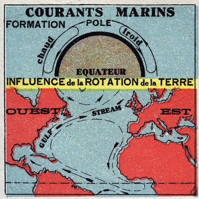 Meteorologia: correnti marine. Influenza della rotazione terrestre. Corrente del Golfo. Illustrazione anonima del 1925. Collezione privata. da Anonymous Anonymous