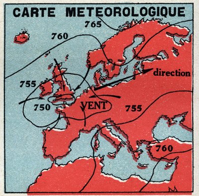 Meteorologia: mappa meteorologica. Illustrazione anonima del 1925. Collezione privata da Anonymous Anonymous