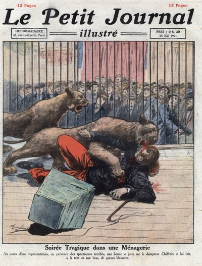 Varie: un incidente durante uno spettacolo in una menagerie, una leonessa ferisce gravemente il domatore. Illustrazione tratta da "Le petit journal" del 15/05/1921. Collezione privata da Anonymous Anonymous