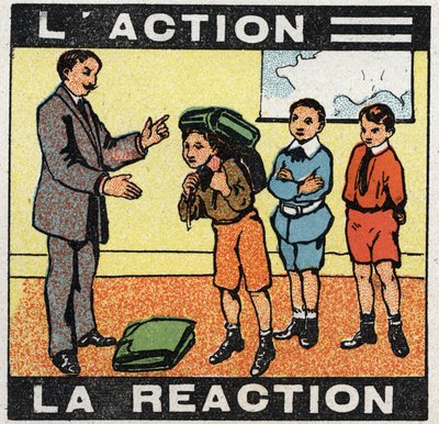 Movimenti: azione, reazione. Un ragazzo che indossa la sua borsa. Illustrazione anonima del 1925. Collezione privata da Anonymous Anonymous