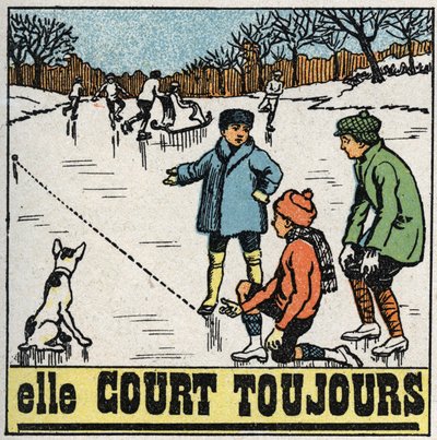 Movimenti: bambini che giocano a palle sul ghiaccio di uno stagno in inverno. Illustrazione anonima del 1925. Collezione privata. da Anonymous Anonymous