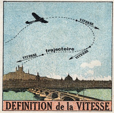 Movimenti: definizione della velocità. Un aereo che sorvola una città. Illustrazione anonima del 1925. Collezione privata da Anonymous Anonymous