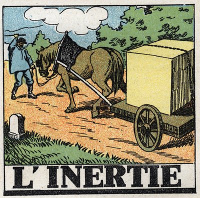 Movimenti: inerzia. Un carrettiere frusta il suo cavallo per farlo avanzare. Illustrazione anonima del 1925. Collezione privata. da Anonymous Anonymous