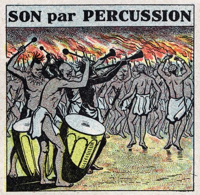 Strumenti musicali: suonatori di percussioni in un villaggio africano. Illustrazione anonima del 1925. Collezione privata. da Anonymous Anonymous