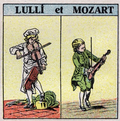 Jean Baptiste Lully e Wolfgang Amadeus Mozart che suonano il violino. Illustrazione anonima del 1925. Collezione privata da Anonymous Anonymous