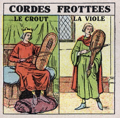 Strumenti musicali: strumenti a corda strofinati. Suonatori di crout e rapes nel Medioevo. Illustrazione anonima del 1925. Collezione privata. da Anonymous Anonymous