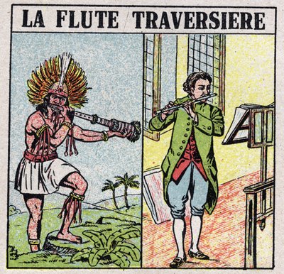 Strumenti musicali: strumenti a fiato. Suonatori di flauto traverso, al tempo degli Incas e in un