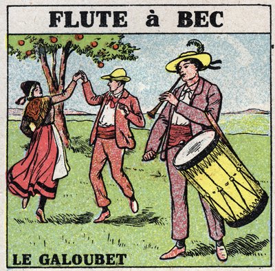 Strumenti musicali: strumenti a fiato. Suonatore di galoubet (flauto a becco). Illustrazione anonima del 1925. Collezione privata. da Anonymous Anonymous
