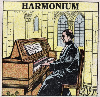 Strumenti musicali: strumenti a fiato a mano. Suonatore di armonium in una chiesa. Illustrazione anonima del 1925. Collezione privata. da Anonymous Anonymous