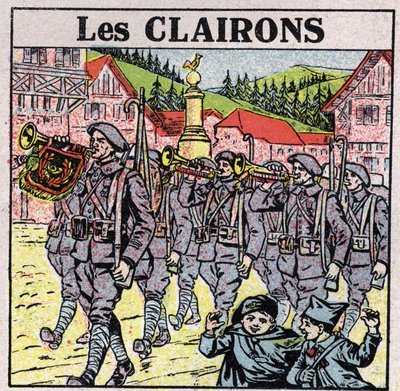 Strumenti musicali: strumenti a fiato con bocca a vaso. Suonatori di corno durante una corsa militare. Illustrazione anonima del 1925. Collezione privata. da Anonymous Anonymous