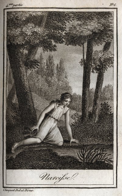 Narciso che contempla il suo riflesso. Incisione del 1819 in "Lettere a Emilie sulla mitologia" di Charles Albert Demoustier (1760-1801). Collezione privata da Anonymous Anonymous