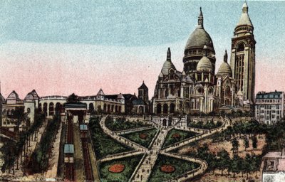 Parigi: funicolare e Basilica del Sacro Cuore (Sacre-Coeur) sulla Butte Montmartre. Fotografia del 1920 in 