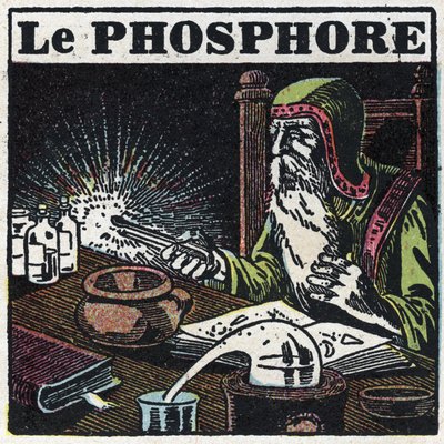 Fosforescenza: fosforo. Un alchimista alla ricerca della pietra filosofale nel suo laboratorio. Illustrazione anonima del 1925. Collezione privata. da Anonymous Anonymous