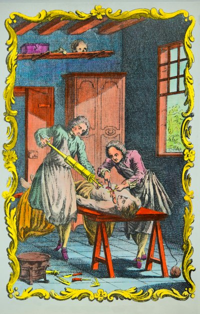 Medico che studia il movimento del sangue: frontespizio del "Mémoire sur le mouvement du sang et sur les effets de la saignée" di Albrecht von Haller (1756). Collezione privata da Anonymous Anonymous