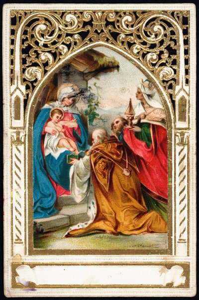 Immagine pia: "Adorazione dei Magi". Carta dentellata. Cromolitografia inizio XX secolo. Collezione privata da Anonymous Anonymous